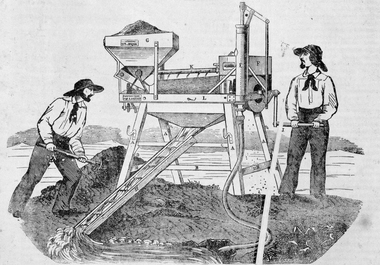 Hospoda „The Fortune, Company of the Gold Mines of California““: obrázek zobrazující dva zlatokopy pracující v pračkách a míchající zlato – v „“ the Charivari““ z 25. června od Unknown artist