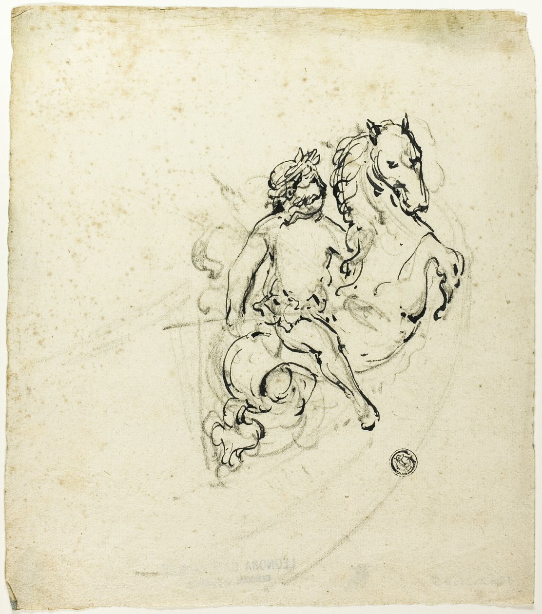 Putto korunovaný vavřínem, na koníkovi od Unknown artist