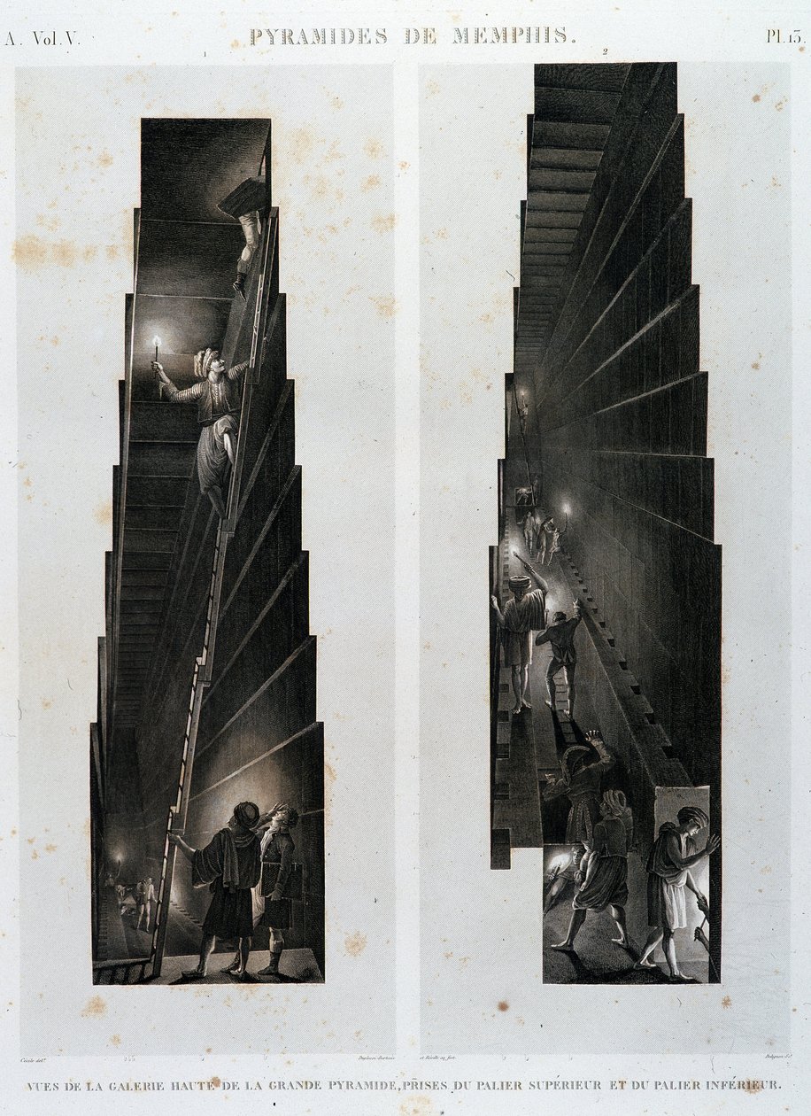 Pyramidy v Memphisu: pohled na horní galerii Velké pyramidy, převzato z horního a spodního ložiska - v „“ Popis Egypta“, Imperial Editions od Unknown artist