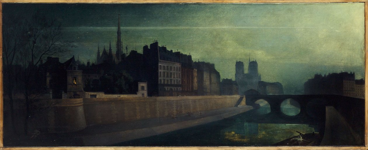 Quai des Orfêvres, Pont Saint-Michel, Notre-Dame, kolem roku 1860; noční efekt, dnešní 1. a 4. obvod, mezi lety 1855 a 1865 (olej na plátně) od Unknown artist