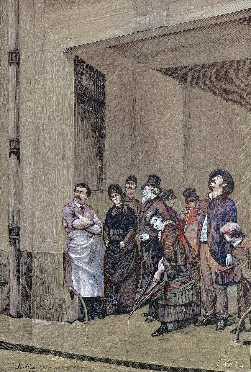 Deštivé počasí, lidé stojící pod střechou a čekající, až přestane déšť, obraz A. Bellet od Unknown artist