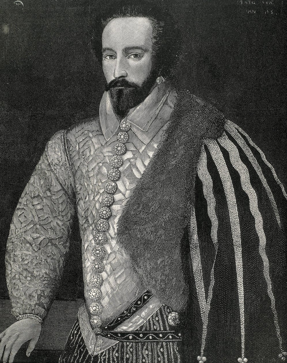 Raleigh, Sir Walter (1554-1618). Anglický mořeplavec, objevitel a makléř. Portrét sira Waltera Raleigha. Rytina z roku 1891, provedená podle anonymního originálu, který je uložen v londýnské Národní portrétní galerii. Rytina. od Unknown artist