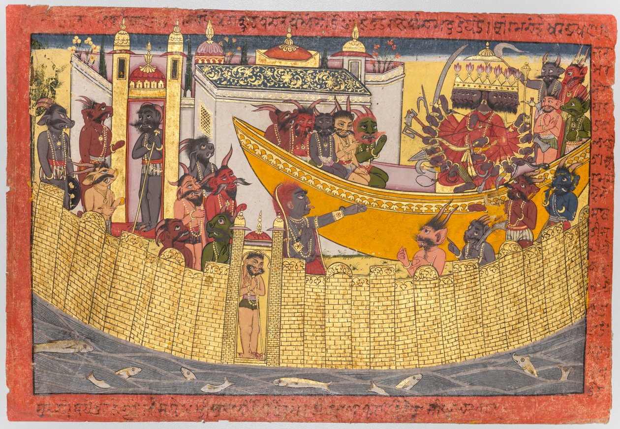 Ravanina sestra si stěžuje, že jí Lakšmana uřízl nos, když se démoni chystají odjet, aby zajali Situ z „Shangri“ Ramayany. od Unknown artist