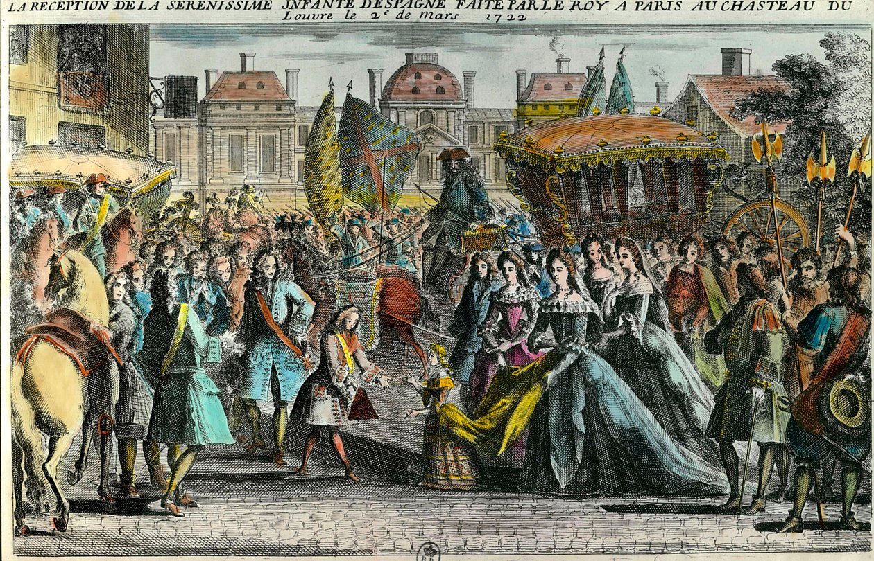 Přijetí nemluvně Španělska Marie Anne Victoire (1718-1781) králem Ludvíkem XV. v Paříži v Louvru dne 2. března 1722. Mariana Victoria de Borbon byla zasnoubena ve věku 3 let s Ludvíkem XV. ve věku 11 let. 18. století. Soukromá sbírka od Unknown artist