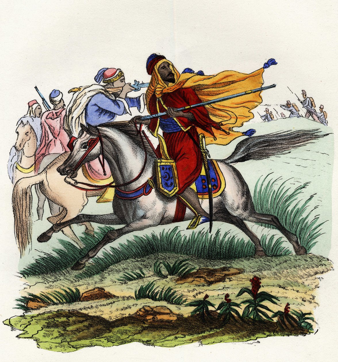 Rudí jezdci Emira Abd-el-Kadera prchající před lovci francouzské armády Afriky v Oranu v roce 1841. V “” Storia d