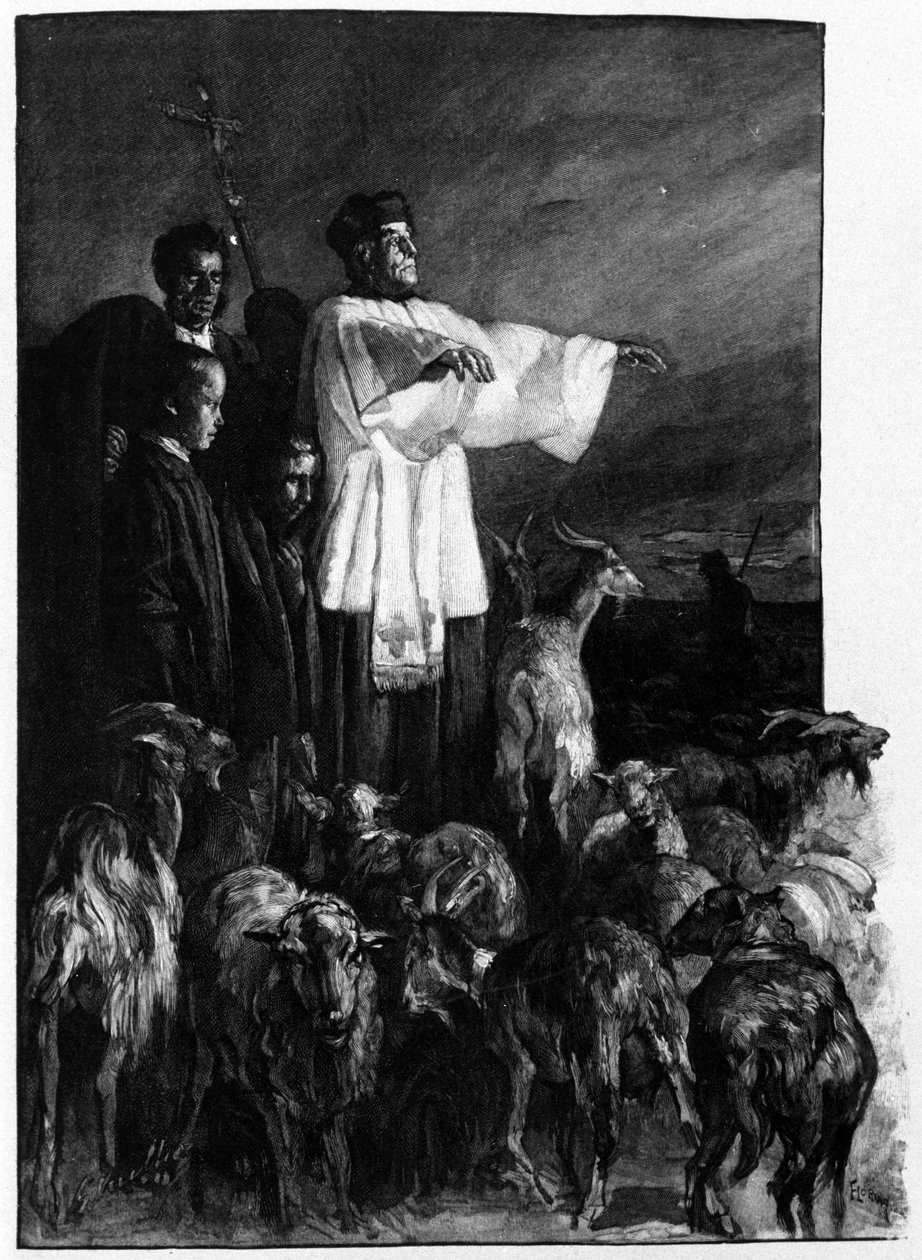 Náboženské obřady: Obřad exorcismu na náměstí během noci Nanebevstoupení Páně. Sicílie Rytina 19. století od Unknown artist