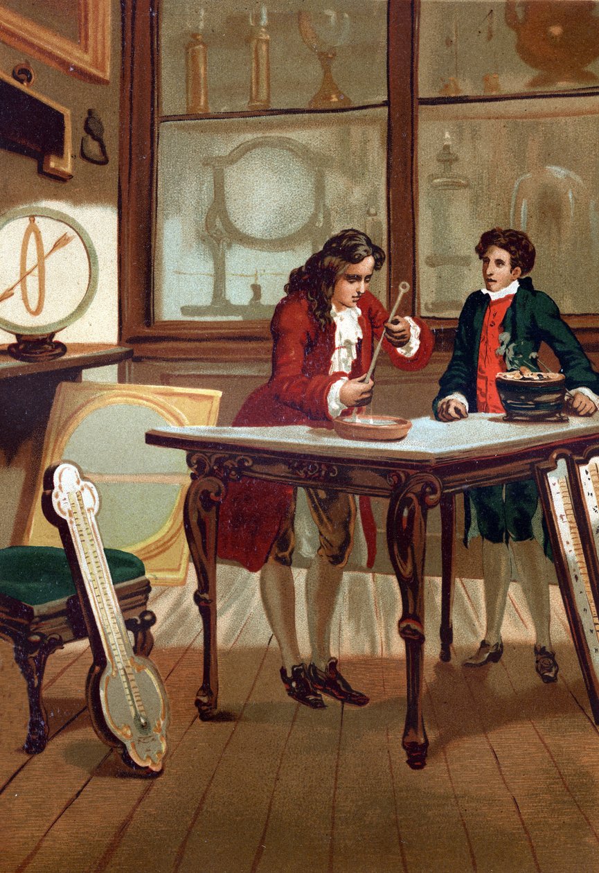 René Antoine Ferchault de Réaumur (1683-1757), francouzský chemik a fyzik, sestrojil svůj teploměr v roce 1730. podle „La Ciencia y sus Hombres par Louis Figuier““ Barcelona 1881 od Unknown artist