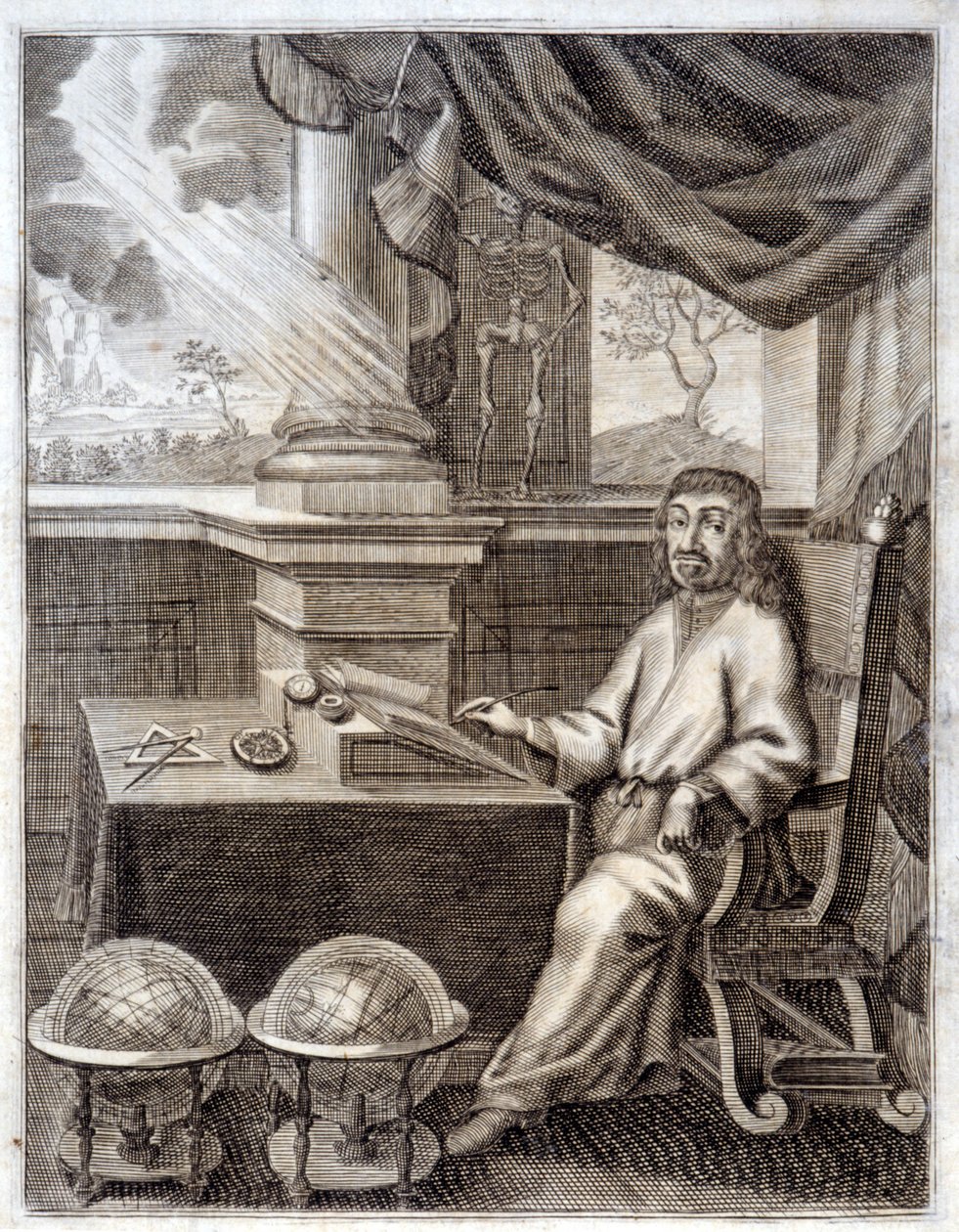 René Descartes (1596 - 1650) ve své kanceláři s vědeckým vybavením. Rytina 17. století. od Unknown artist