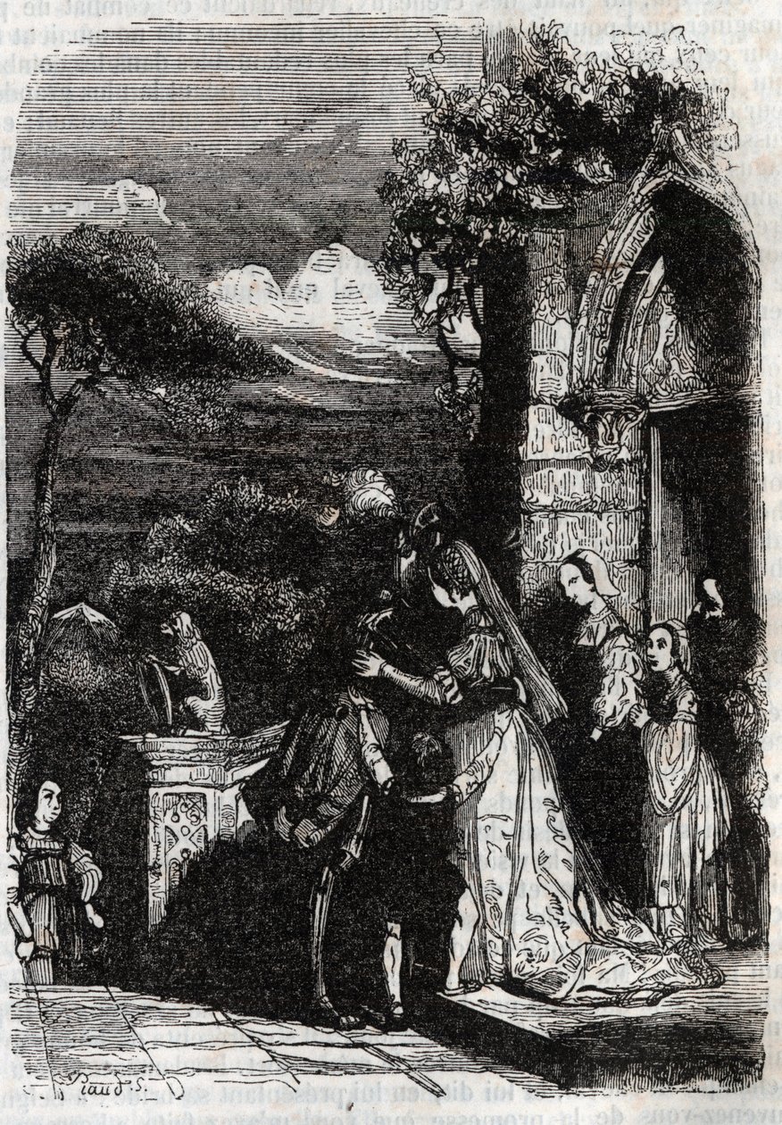 Renaud se vrací ke své rodině - rytina z roku 1851 z „“ Furious Roland““ od Unknown artist