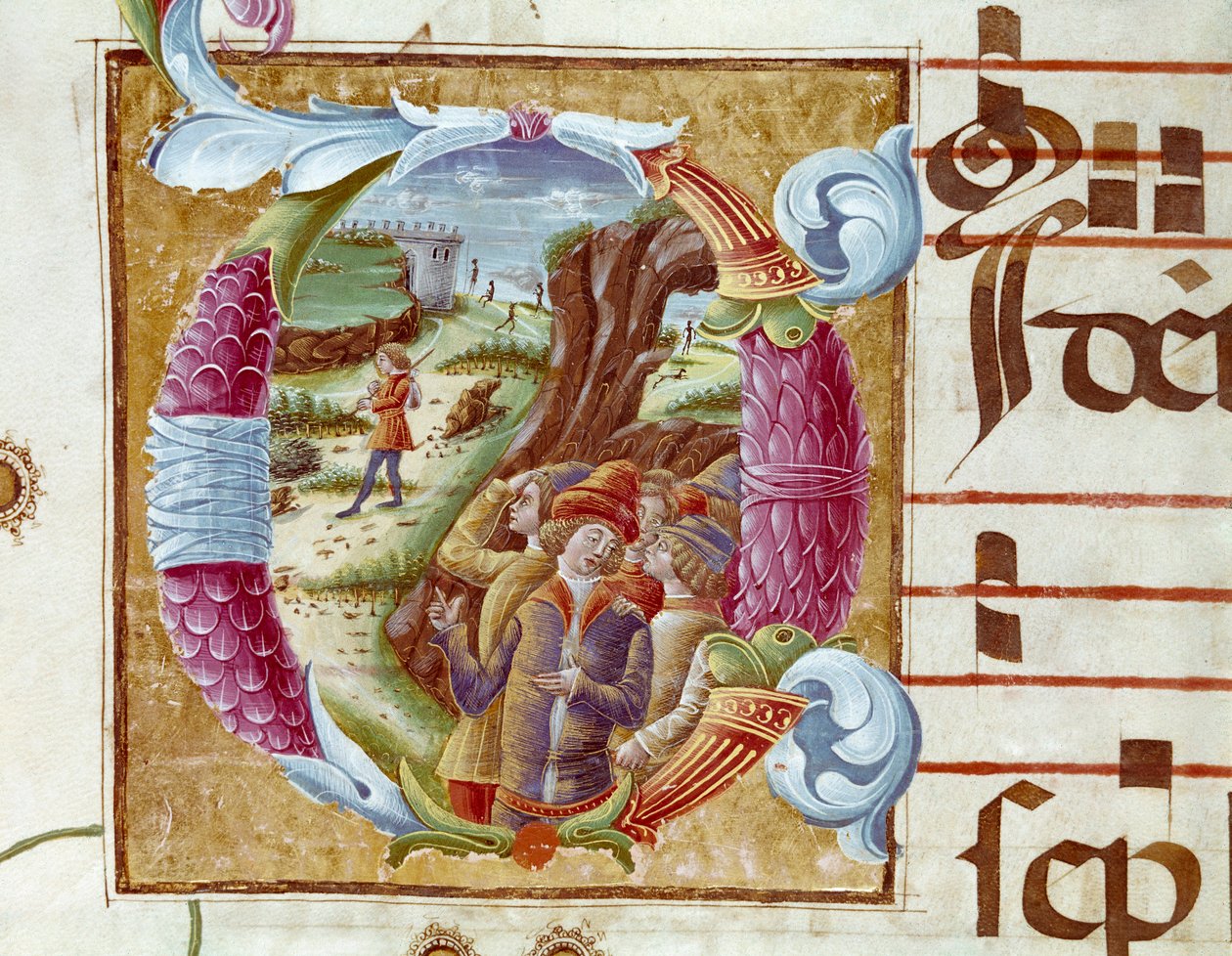 Vyobrazení Josefa a jeho bratří Detail lettríny v antifonáři (Antiphonarium II) z 15. století. Cremone, Biblioteca governativa Itálie od Unknown artist