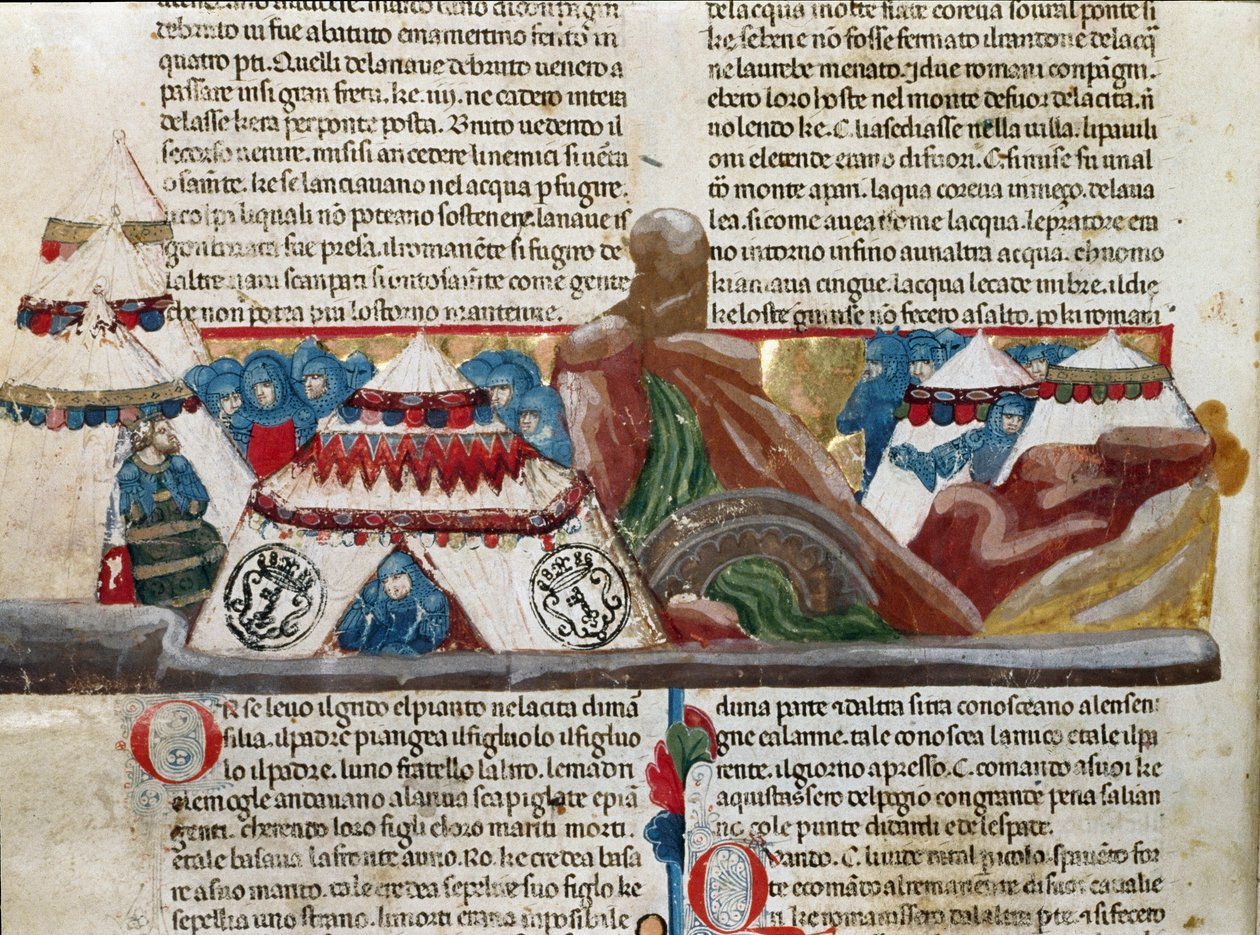 Reprezentace Julese Cesara (101-44 př. n. l.) sedícího poblíž svého vojenského tábora Detail stránky s rukopisem „“ Fakta o Římanech““ (Ms 1538, fol. 24v) kolem roku 1340 Florencie, Biblioteca Riccardiana od Unknown artist
