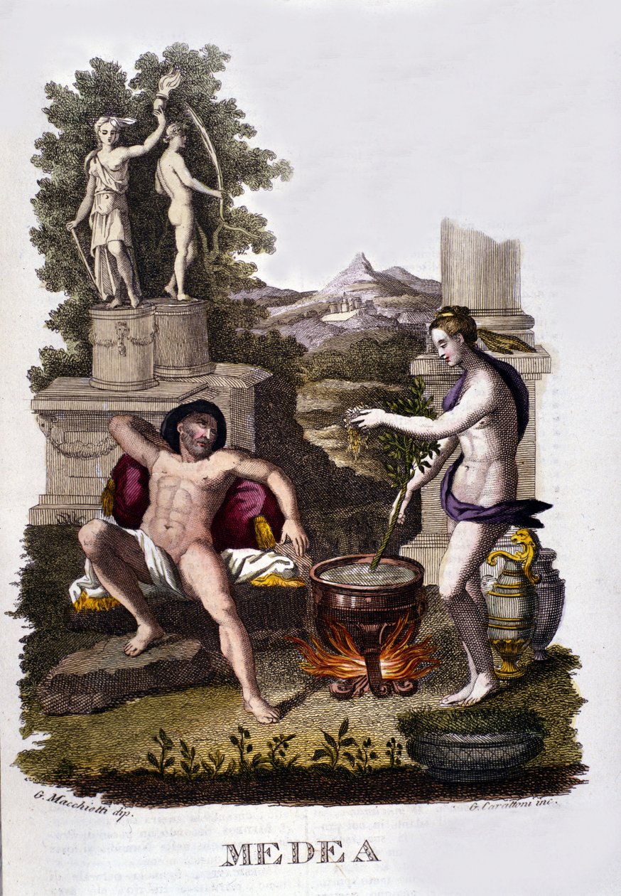 Reprezentace Médey připravující své kletby po cyklu Argonautů. Rytina 19. století. od Unknown artist