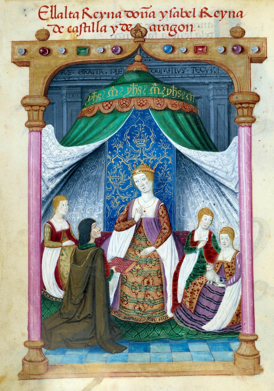 Zastoupení portugalské královny Isabely Isabely Aragonské (1271-1336) obklopené svými společníky a Pedro Marcuello, který jí nabízí její knihu. Rukopisná stránka převzata ze „Sbírky oddanosti španělské královny Joan the Folle (1479-1555)““ od od Unknown artist