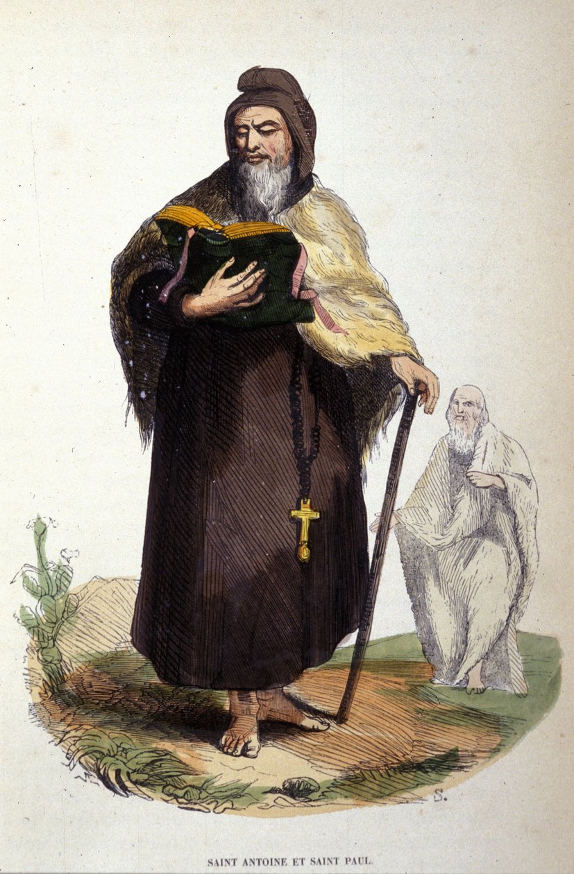 Představení svatého Antonína Velikého, egyptského anachoreta (251 - 356), zakladatele křesťanského poustevnictví a svatého Pavla z Théb (předcházel by svatého Antonína v Thebaide). Rytina 19. století. od Unknown artist