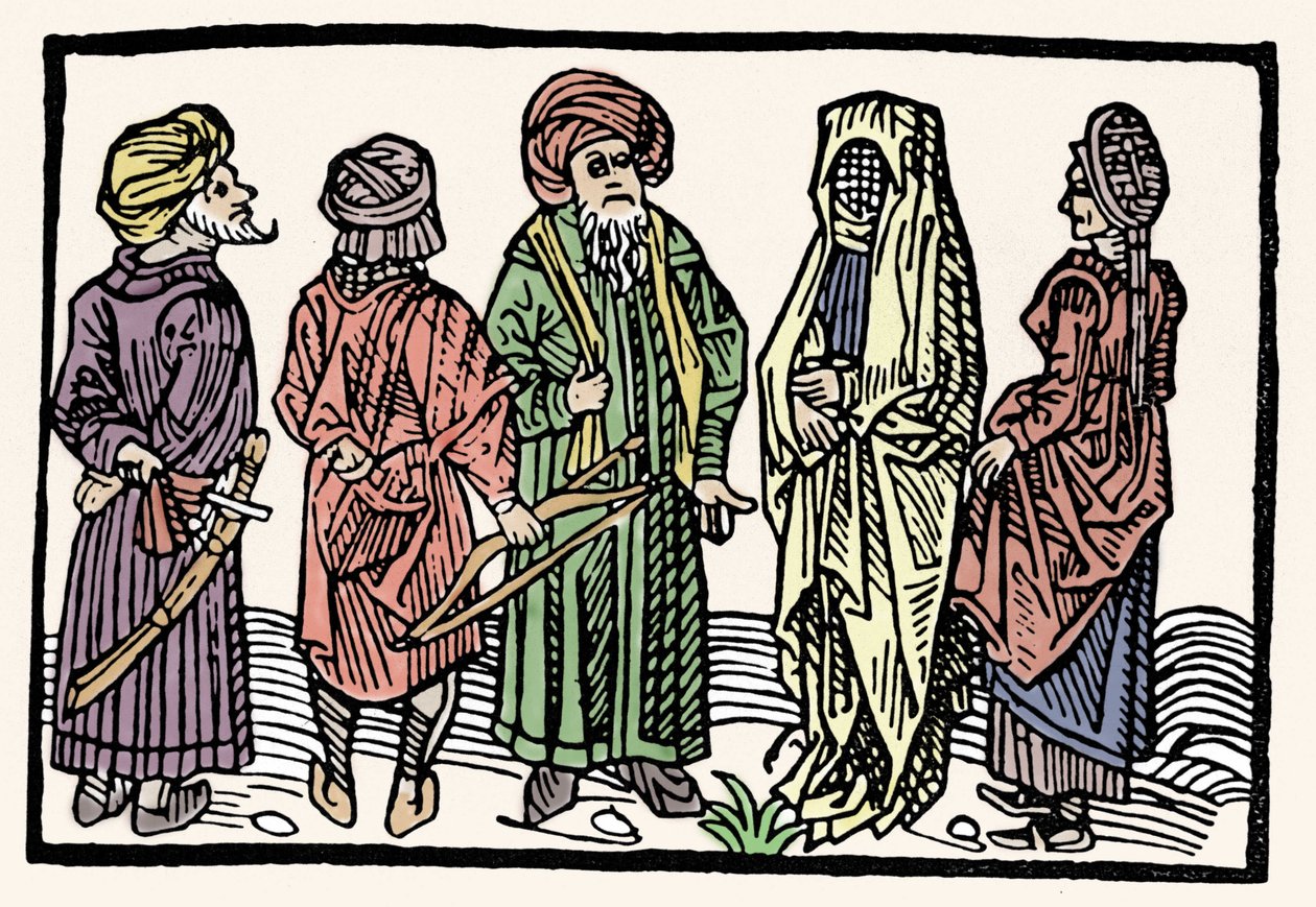 Zastoupení pohanky. Muži s rukama s propletenými hlavami a zahalené ženy. Xylografie 15. století od Unknown artist