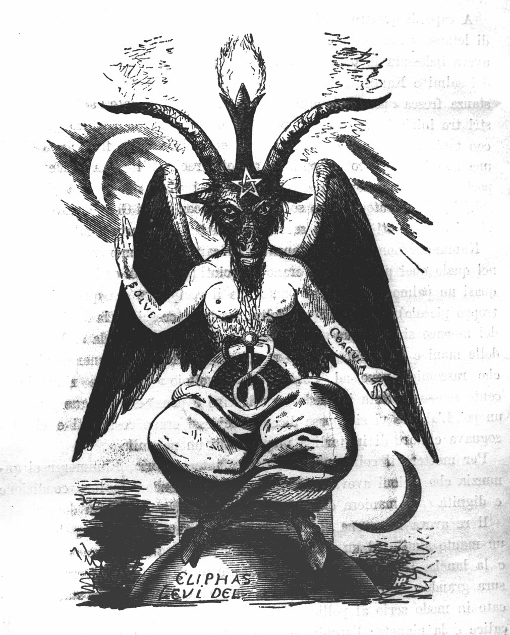Znázornění Bafometa: monstrum s kozí hlavou a ženským tělem s alchymistickými citáty na pažích „solve“ a „coagula“, listnatý list mezi nohama a pentagram na čele. Ďábel Eliphase Leviho (Alphonse Louis (Alphonse Lo od Unknown artist