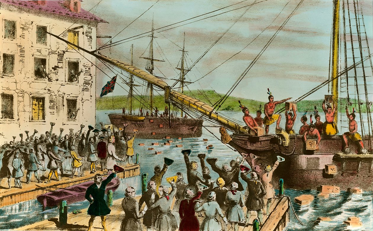 Zastoupení Boston Tea Party: během války za nezávislost Spojených států: vzpoura amerických osadníků (britského původu) proti daním uvaleným anglickým parlamentem na čaj a další potraviny. Hnusili se jako indiáni a c od Unknown artist