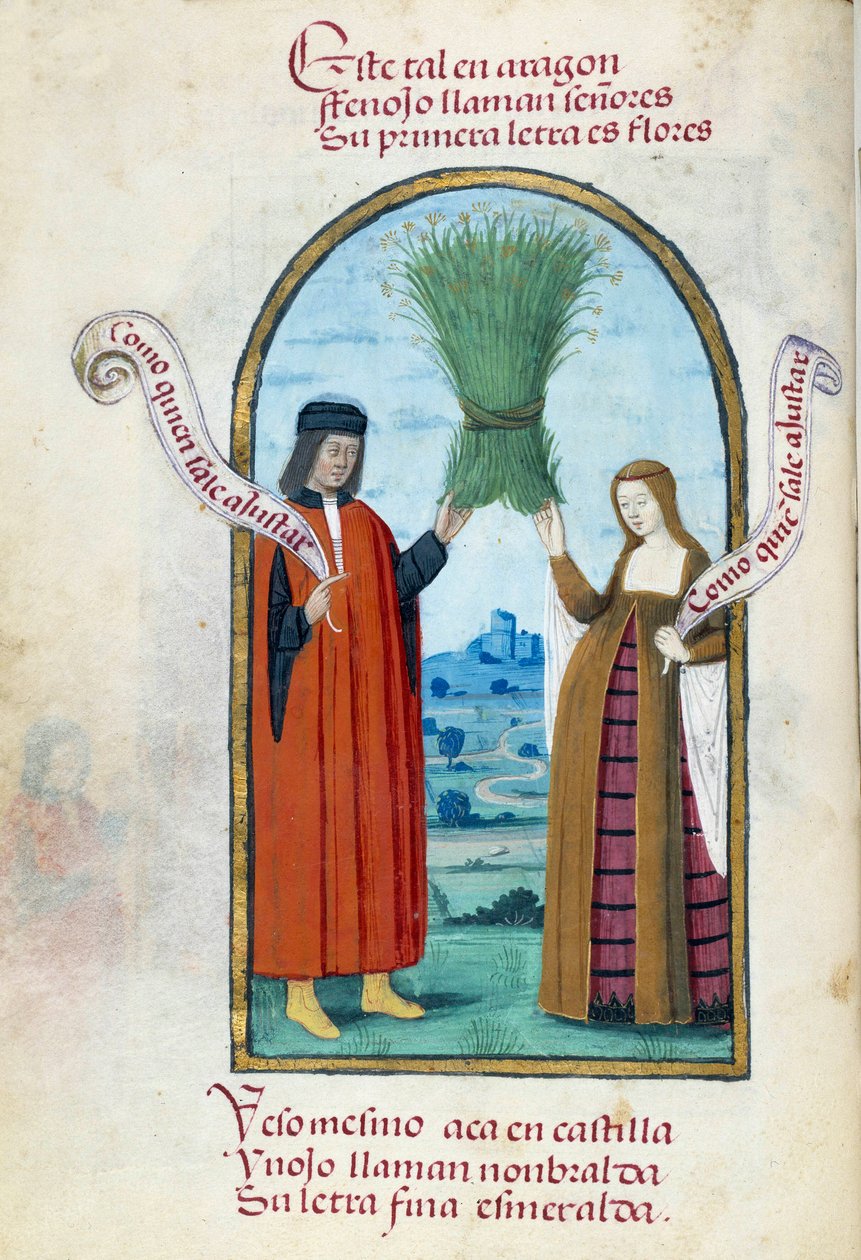 Reprezentace katolických králů Ferdinanda II. (1452-1516) a Isabely 1. Kastilské (1451-1504) držící botu divokého fenyklu. Rukopisná stránka převzata ze sbírky „Sbírka oddanosti španělské královny Joan the Folle (1479-1555)“ od Pedra Marcuella od Unknown artist