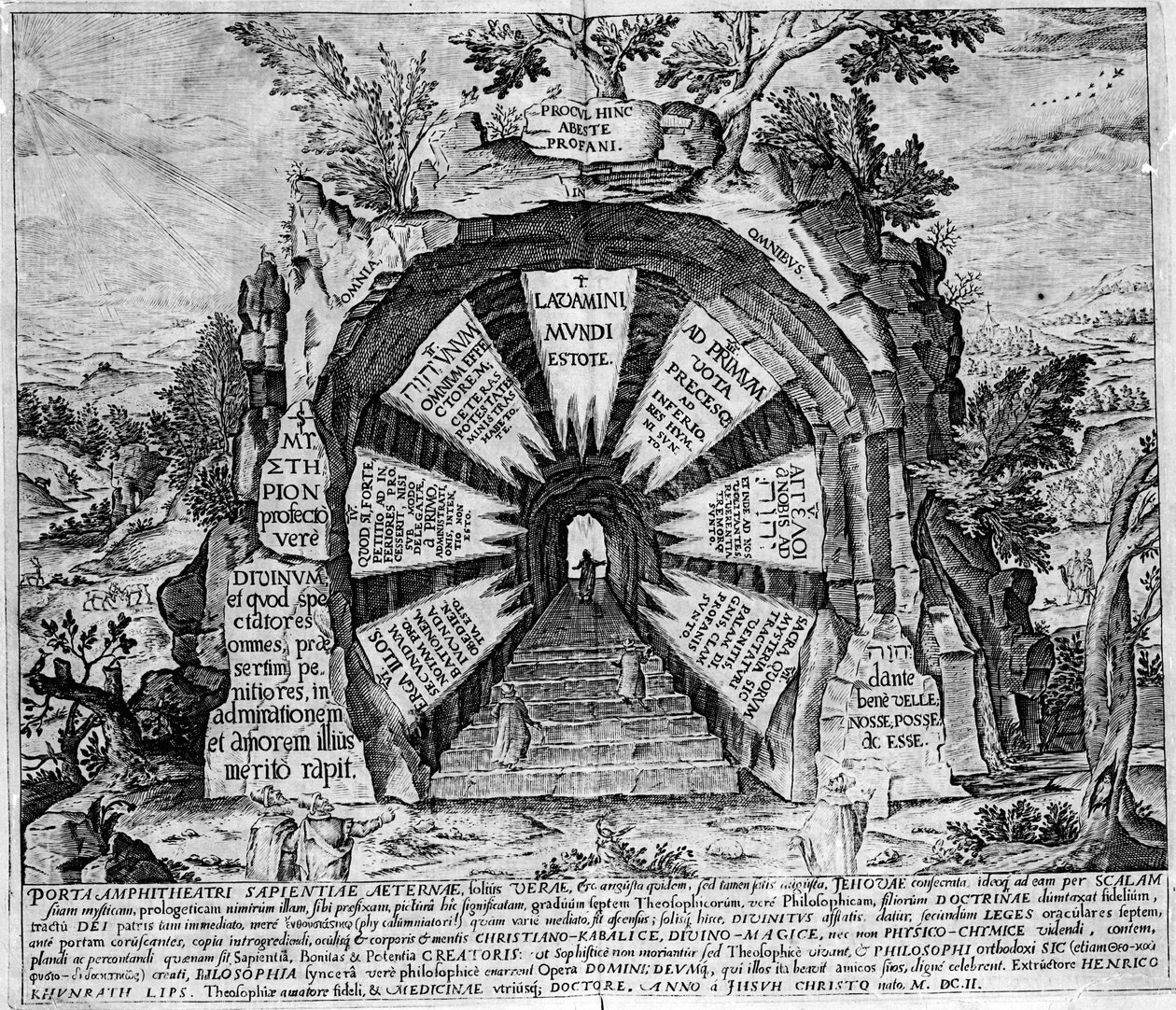 Znázornění vchodu do Domu záhad, symbol věčného života. Rytina „Amphitheatrum sapientiae aeternae“. (Amfiteátr věčné moudrosti) [Hamburg: s.n. od Unknown artist