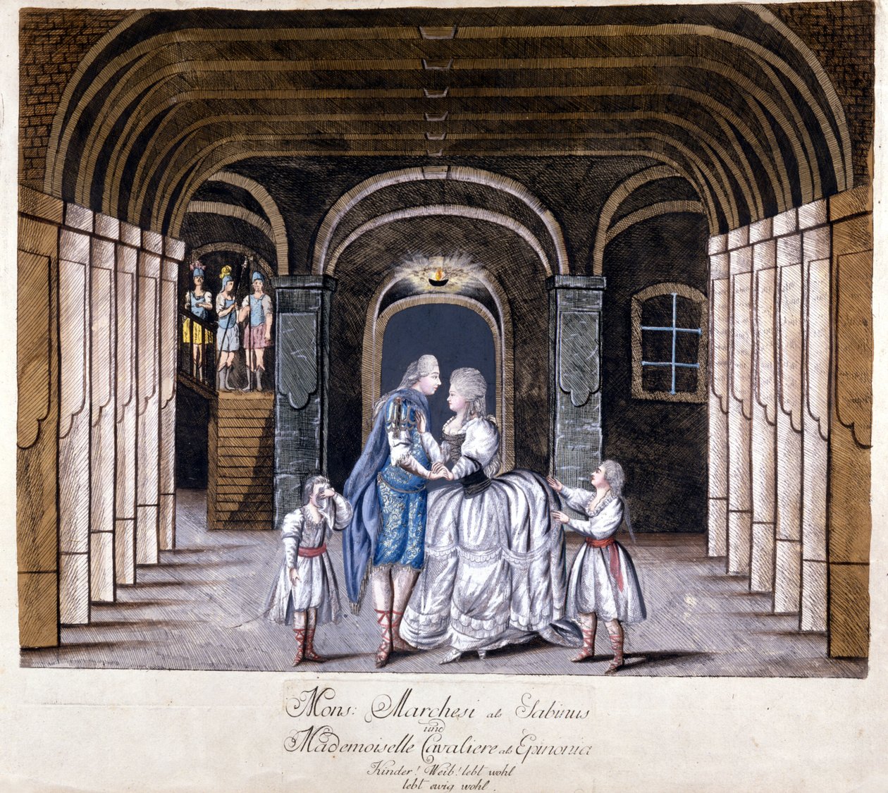 Reprezentace opery „Giulio Sabino“ od Giuseppe Sartiho (1729-1802) ve Vídni v roce 1785. Na scéně Caterina (Katharina) Cavalieri a kastrát Luigi Marchesi. Milán od Unknown artist
