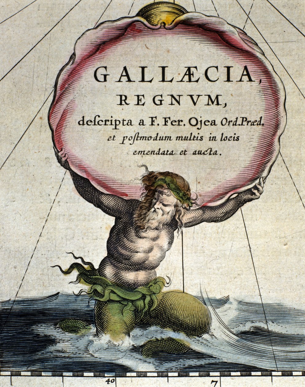 Představení tritona, legendárního tvora napůl člověka mi fish. Detail „Atlas novus“ 1642 od Unknown artist