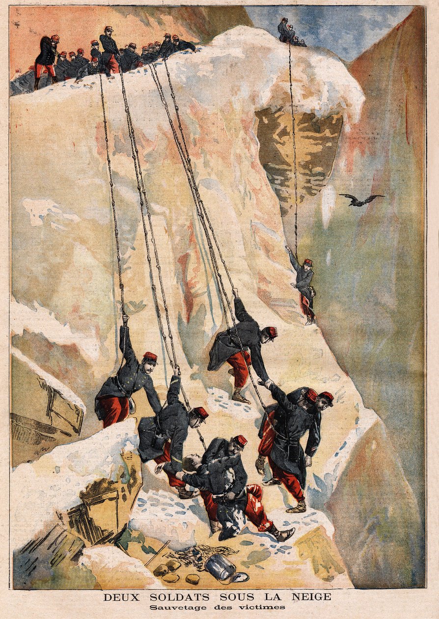 Záchrana 2 vojáků 97. liniového pluku na pohraniční stráži obětí laviny způsobené táním jarního sněhu. Rytina v „“ Le petit journal““ 14.5.1894. Selva sbírka. od Unknown artist