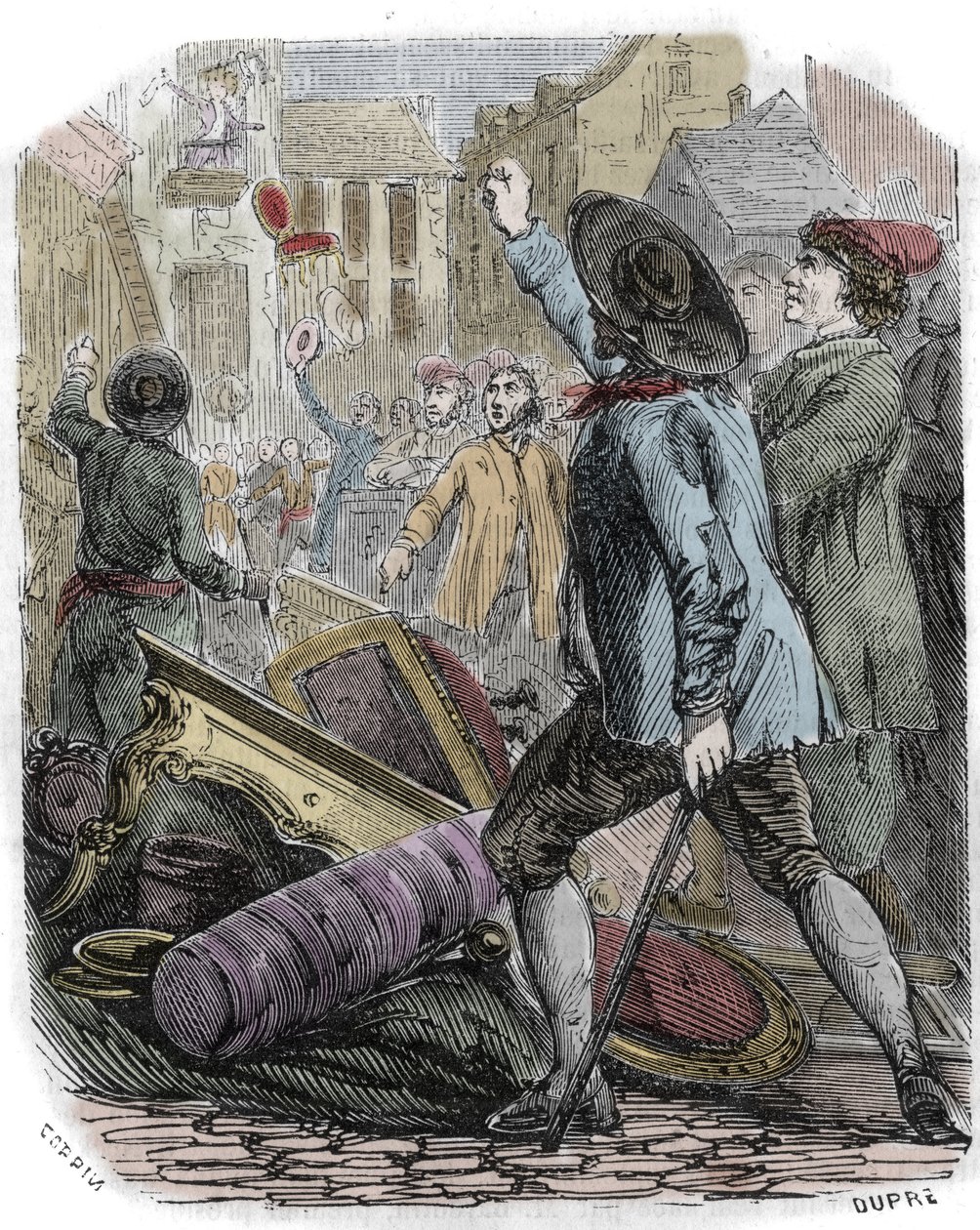 Mezi 26. a 29. dubnem 1789 došlo k nepokojům Reveillon – Francouzská revoluce: Aféra Reveillon – „“ Drancování výroby papintů Jean Baptiste de Reveillon le 28. dubna 1789““ Pařížské nepokoje vyplenily továrnu nacházející se v rue du Faubourg saint Antoine. od Unknown artist