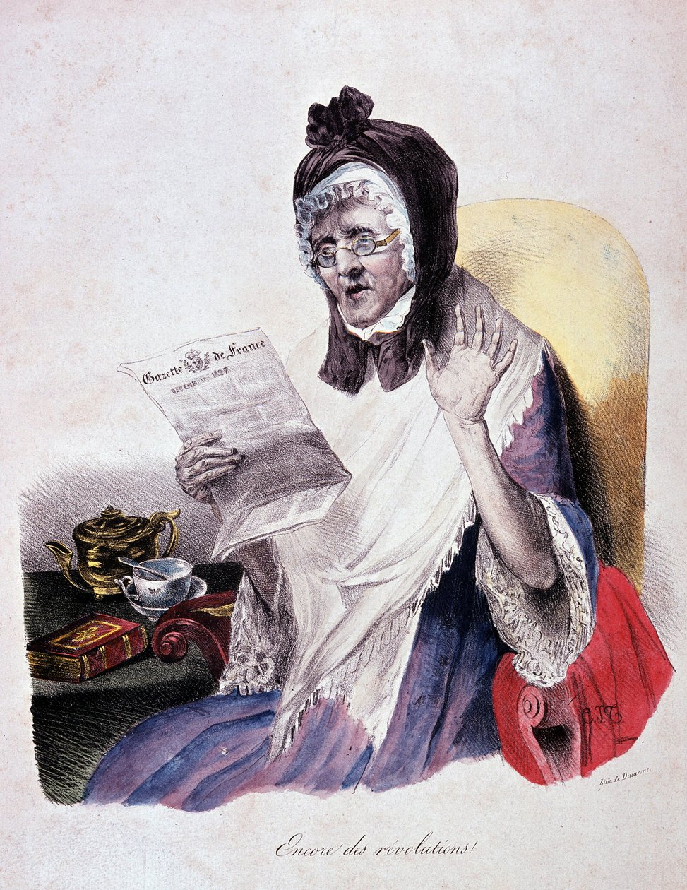 Revolution 1830: „Encore des revolutions““ křičí stará žena čtecí Gazette de France – rytina od Unknown artist