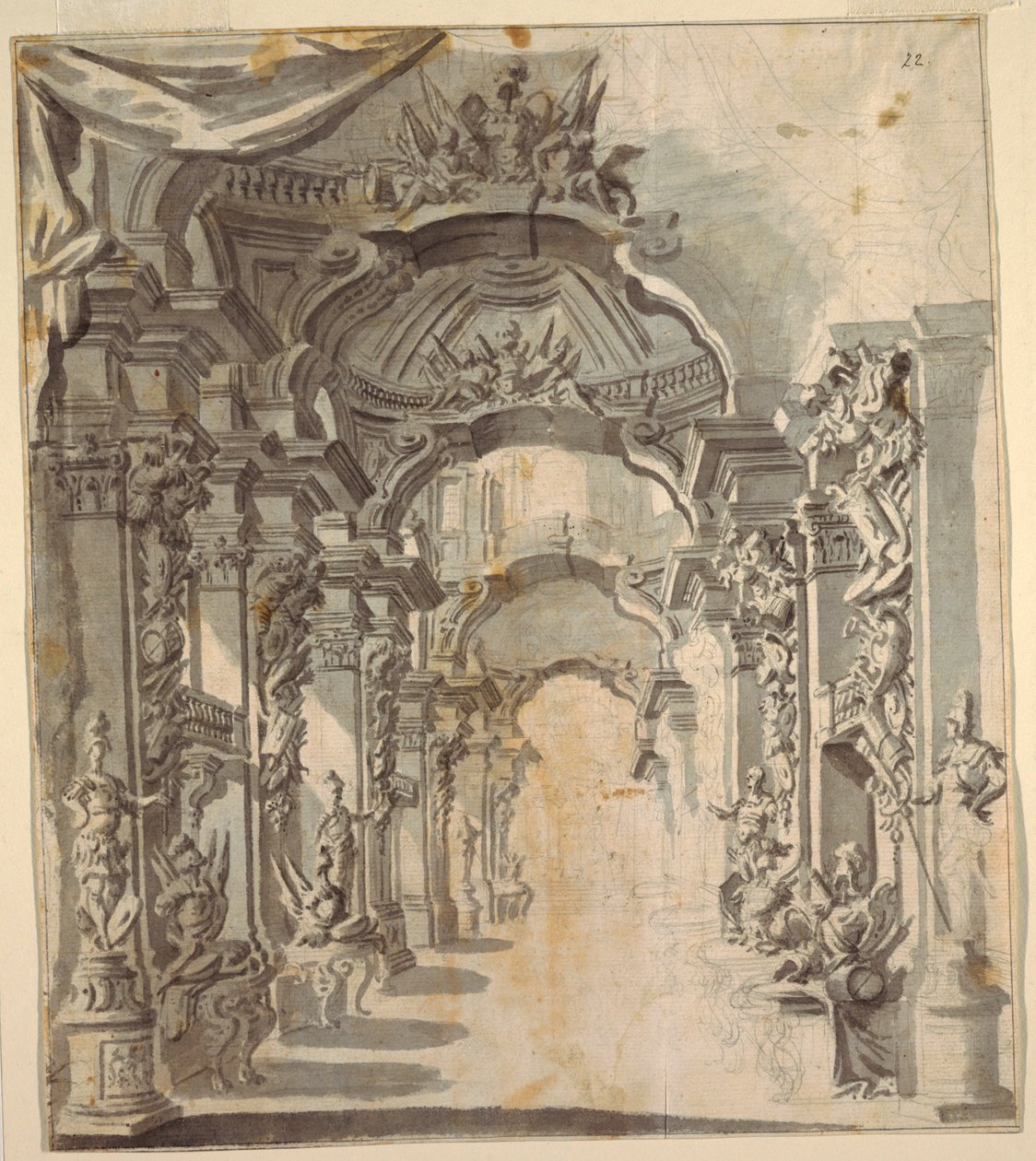 Bohatě zdobená galerie (s trofejemi na podstavcích) od Unknown artist