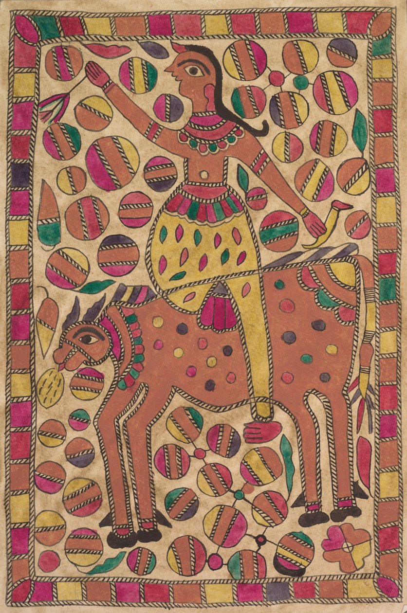 Jezdec a čtyřnohý hovězí tvor s okrajem barevných čtverců od Unknown artist