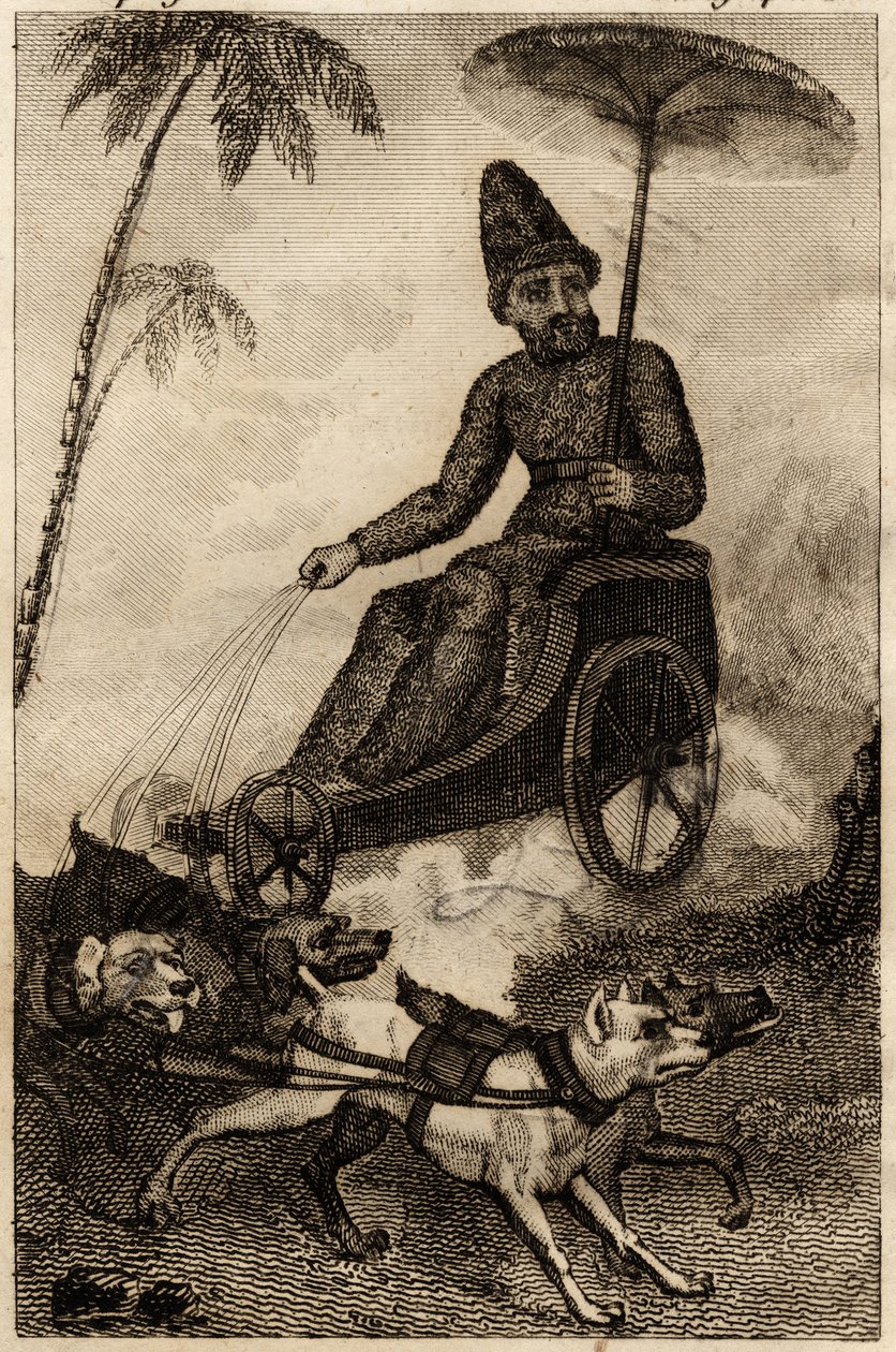 Robinson Crusoe na svém vozatajském vlaku od šesti dogů, rytina vložena do „Les aventures de Robinson Crusoe“ od Daniela Defoe od Unknown artist