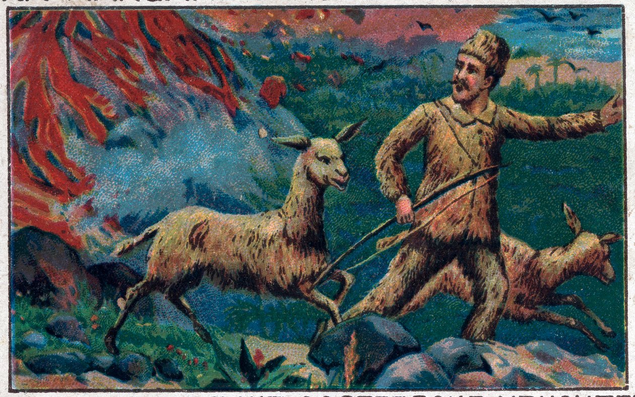 Robinson uniká před sopečným výbuchem. Ilustrace ke knize Daniela Defoe (De foe) “” Robinson Crusoe””. Chromolitografie konce 19. století. od Unknown artist
