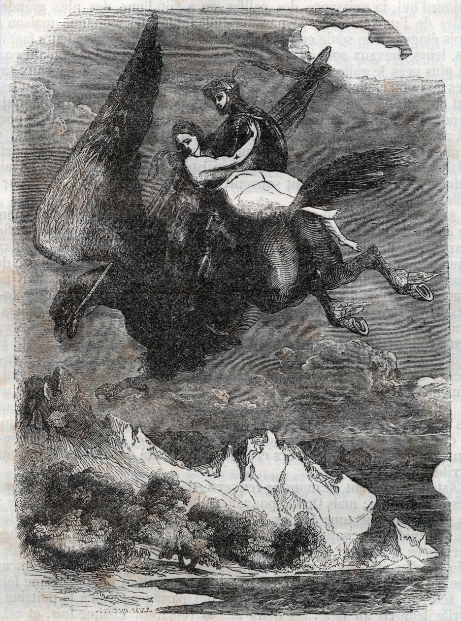 Roger (Ruggero, Ruggiero) a Angelique (Angelica) na hippoclaw - rytina z roku 1851 z „“Roland furieux““ (Orlando furioso) (16. století) od Ludovica Ariosta, známého jako Ariosto – vydání přeložené z italštiny hrabětem z Tressanu a zveřejnit od Unknown artist