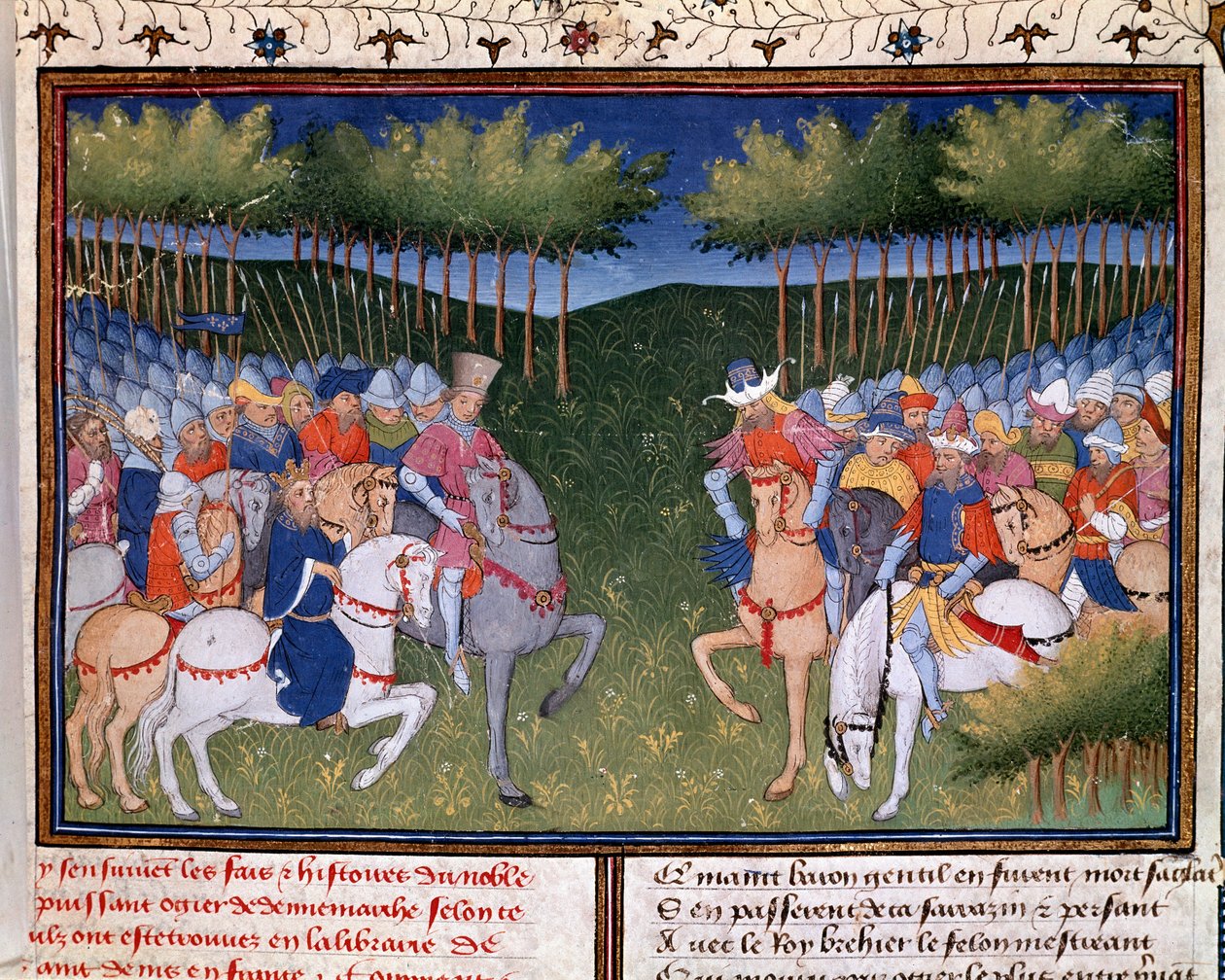 Roman od Ogiera Dánského: boj mezi dvěma miniaturními jezdci z „Kroniky Bertranda du Guesclin“ (Ms 490) 1405 Musee Conde, Chantilly od Unknown artist