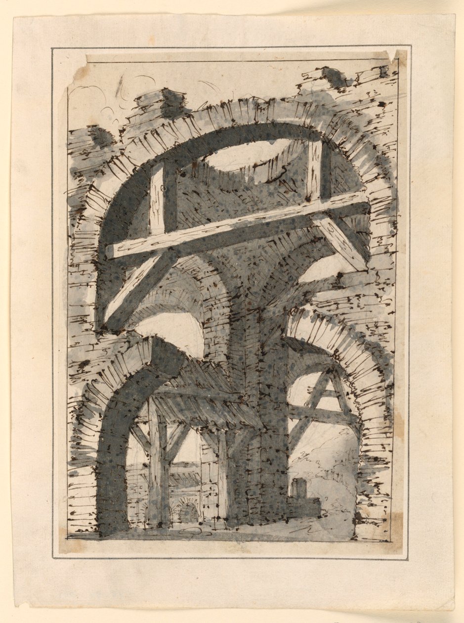Hrubé kamenné oblouky zesílené dřevěnými trámy od Unknown artist