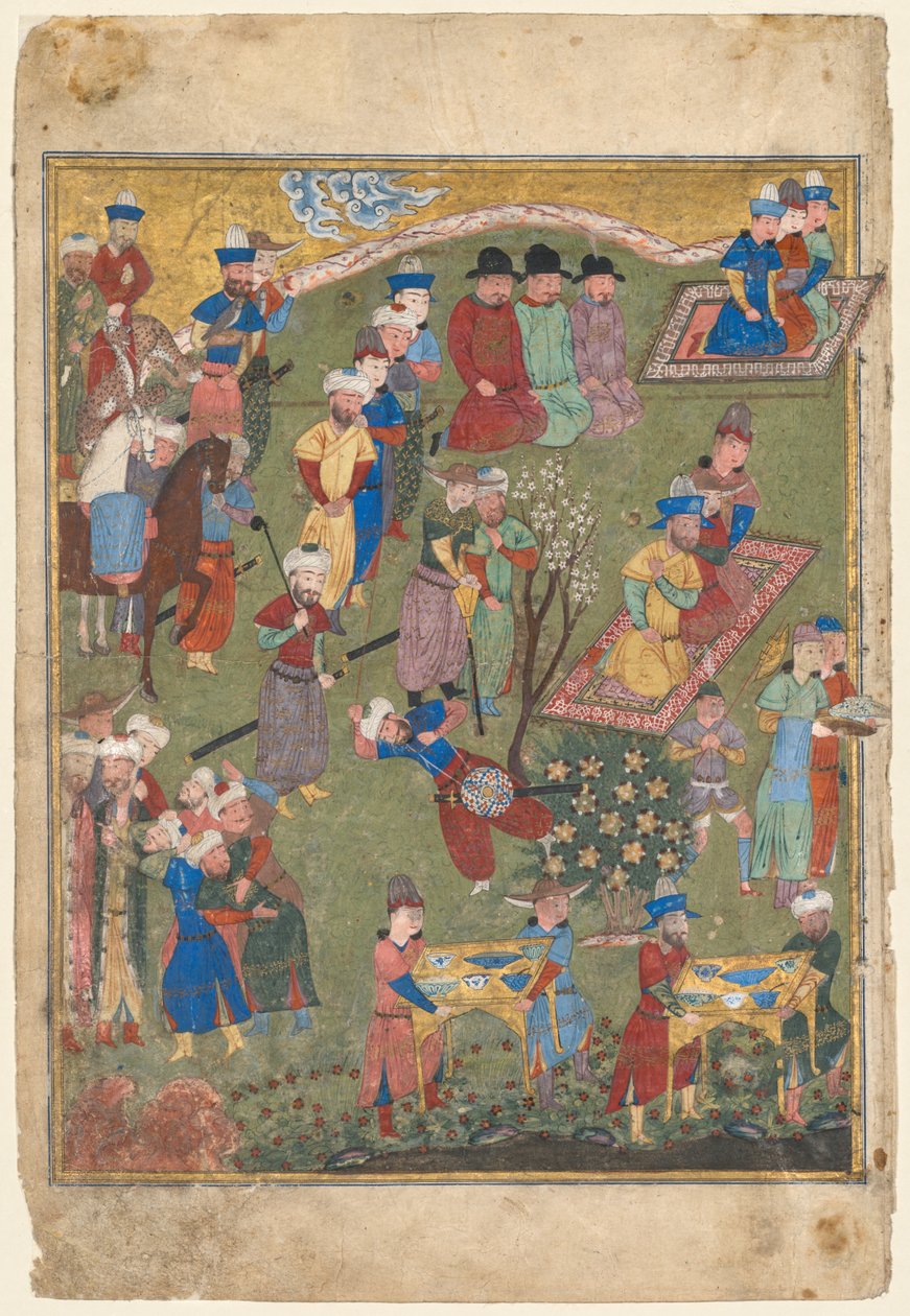 Královská recepce v krajině, levé folio z dvojitého frontispisu Shahnamy (Kniha králů) z Firdausi (perština, asi 940–1019 nebo 1025) od Unknown artist