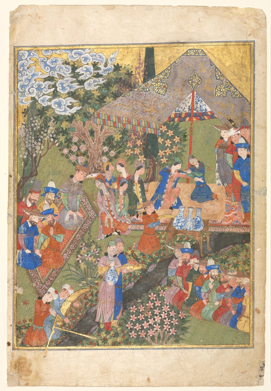 Královská recepce v krajině, pravé folio z dvoustránkového frontispisu Shahnamy (Kniha králů) z Firdausi (940–1019 nebo 1025) od Unknown artist
