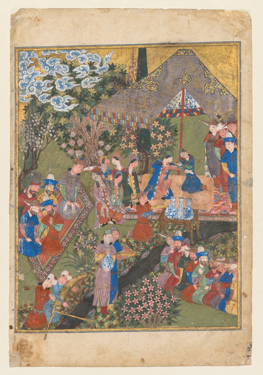 Královská recepce v krajině, pravé folio z dvojitého frontispisu Shahnamy (Kniha králů) z Firdausi (perština, asi 940–1019 nebo 1025) (verze) od Unknown artist