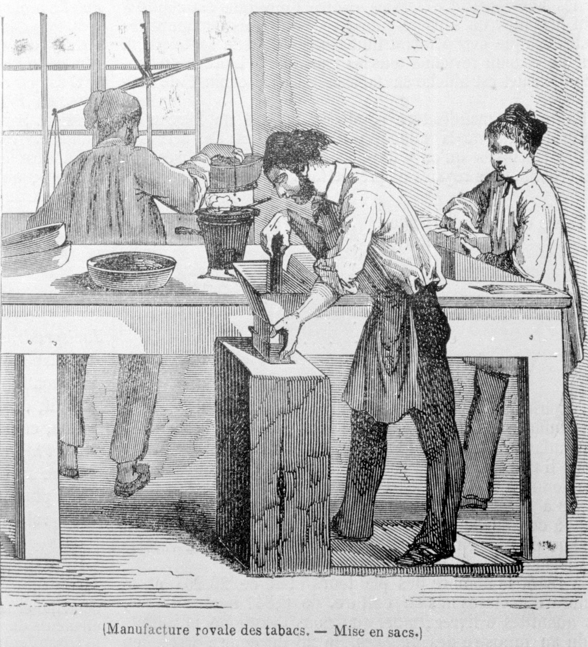 Royal Tobacco Manufacture: pytel tabáku. 19. století rytina. od Unknown artist