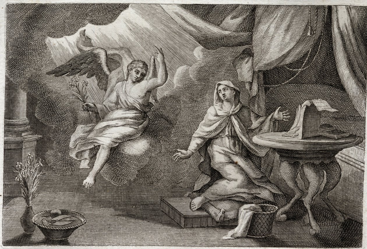 Royaumontská Bible, Nový zákon: Zvěstování Panny Marie. Archanděl Gabriel přišel předat poselství Marii. Ilustrace z roku 1811. od Unknown artist