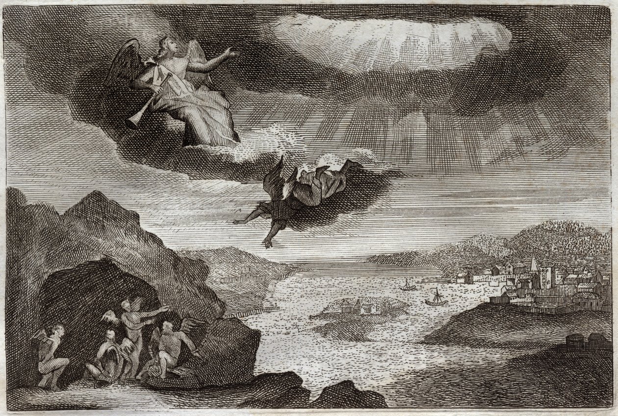 Royaumontská Bible, Nový zákon: Pátá a šestá trubka Zjevení. Kobylky a čtyři andělé. Ilustrace z roku 1811. od Unknown artist