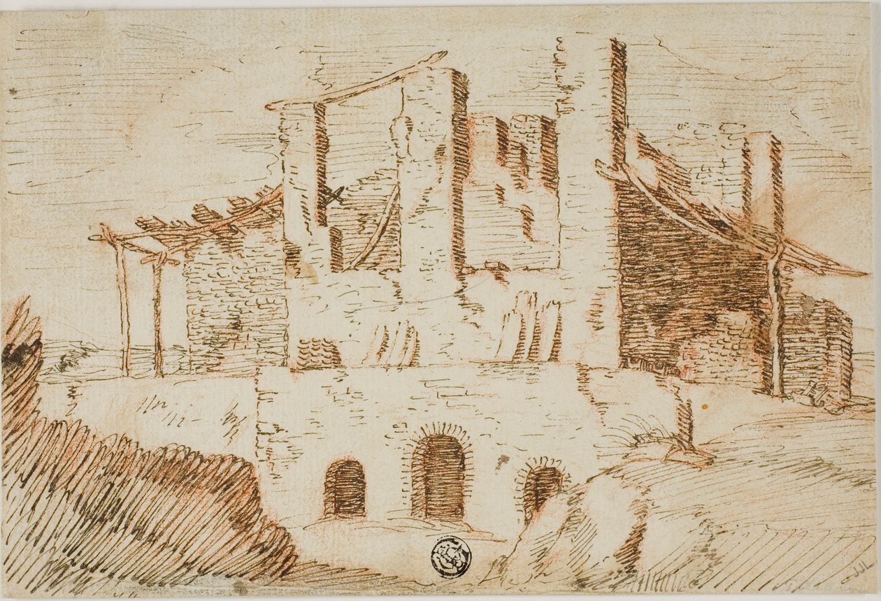 Ruiny s farmářskou kůlnou od Unknown artist