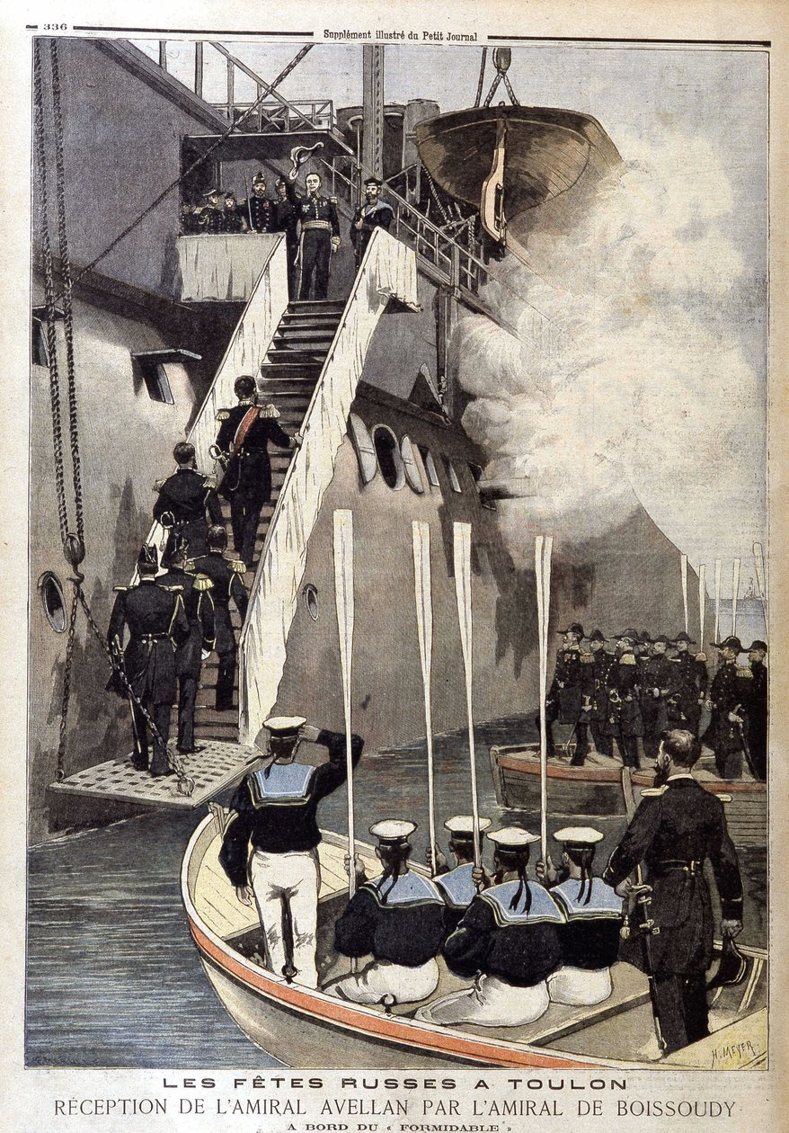 Ruské slavnosti v Toulonu: Přijetí admirála Avellana admirálem de Boissoudy na palubě lodi Formidable v „The Petity Journal“ z 21. října od Unknown artist