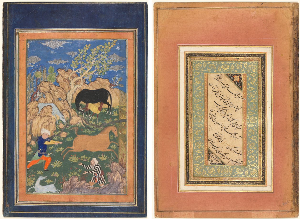 Rustam Lassoing jeho koně, Rakhsh, v krajině (recto); Kaligrafie, perské verše (verso) od Unknown artist