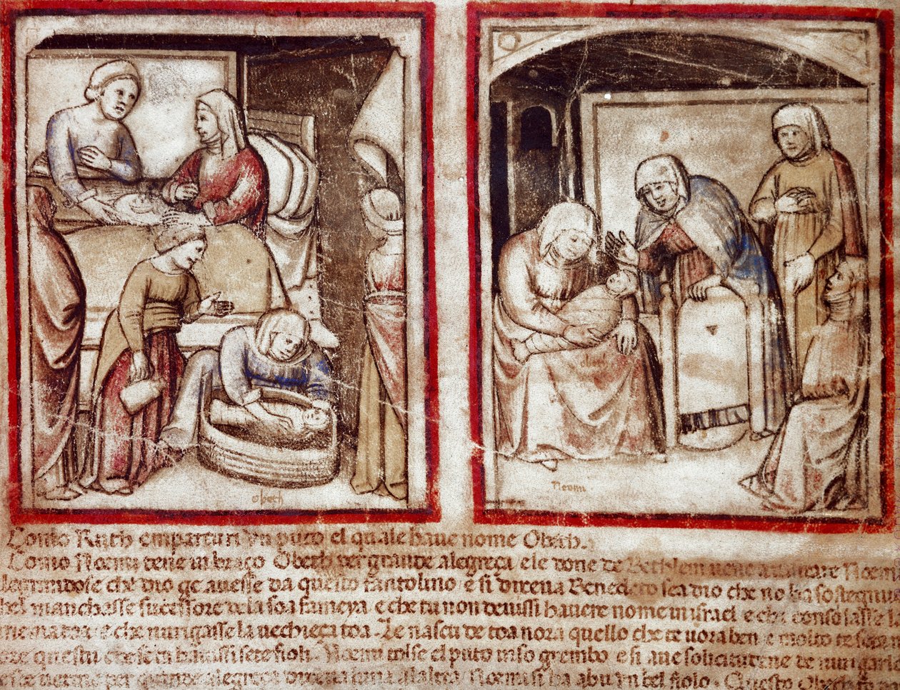 Ruth porodí Obeda (Obetha), syna Boaze (Booze) Miniaturu z kodexu 212 (nebo kodexu padovano nebo Bible z Padovy) 1390-1400 Rovigo, Accademia dei Concordi od Unknown artist