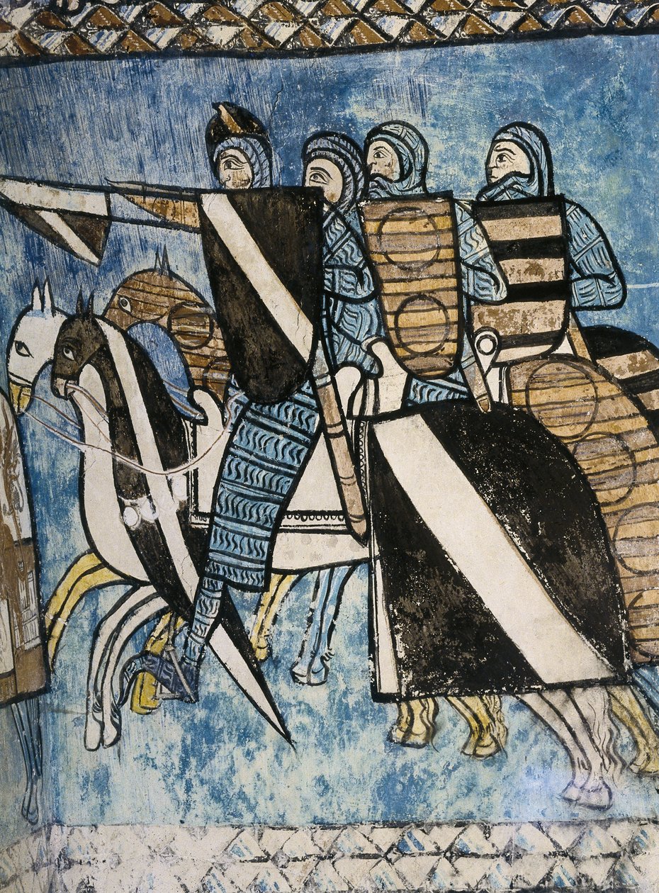 ŠPANĚLSKO. KASTILIE A LEÓN. Valladolid. Klášter San Bernardo de Valbuena. Kastilská armáda, skupina křesťanských vojáků na koních. Fresková malba "La Reconquista" ze 14. stol. Gotické umění od Unknown artist