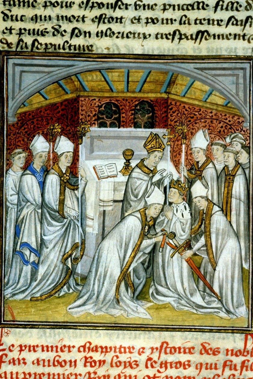 Sacre of Louis VI (1108) – Iluminace rukopisu na velínu ze středověku „“Velké kroniky Saint-Denis““ koncem 14. století (ref.512 od Unknown artist