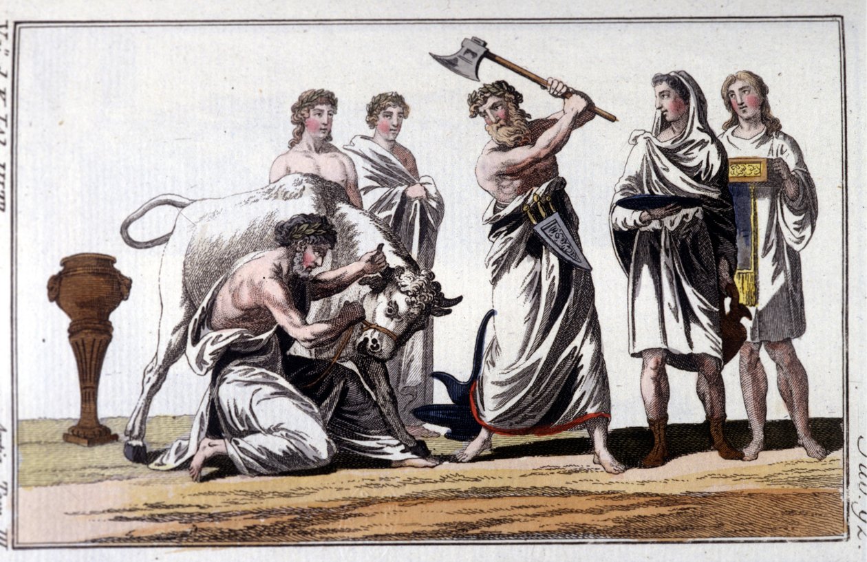 Obětování býka mezi Kelty. 19. století rytina. od Unknown artist