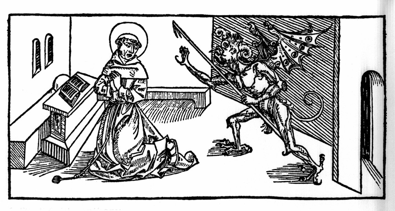 Svatý Antonín Veliký (nebo Svatý Antonín Poustevník nebo Svatý Antonín Abbe) pokoušen démonem. Rytina z „Leben der Heiligen - sommerteil“ (Kniha světce) od Jacoba (Jakuba) z Voragine (1228-1298). Lubeck 1488. od Unknown artist