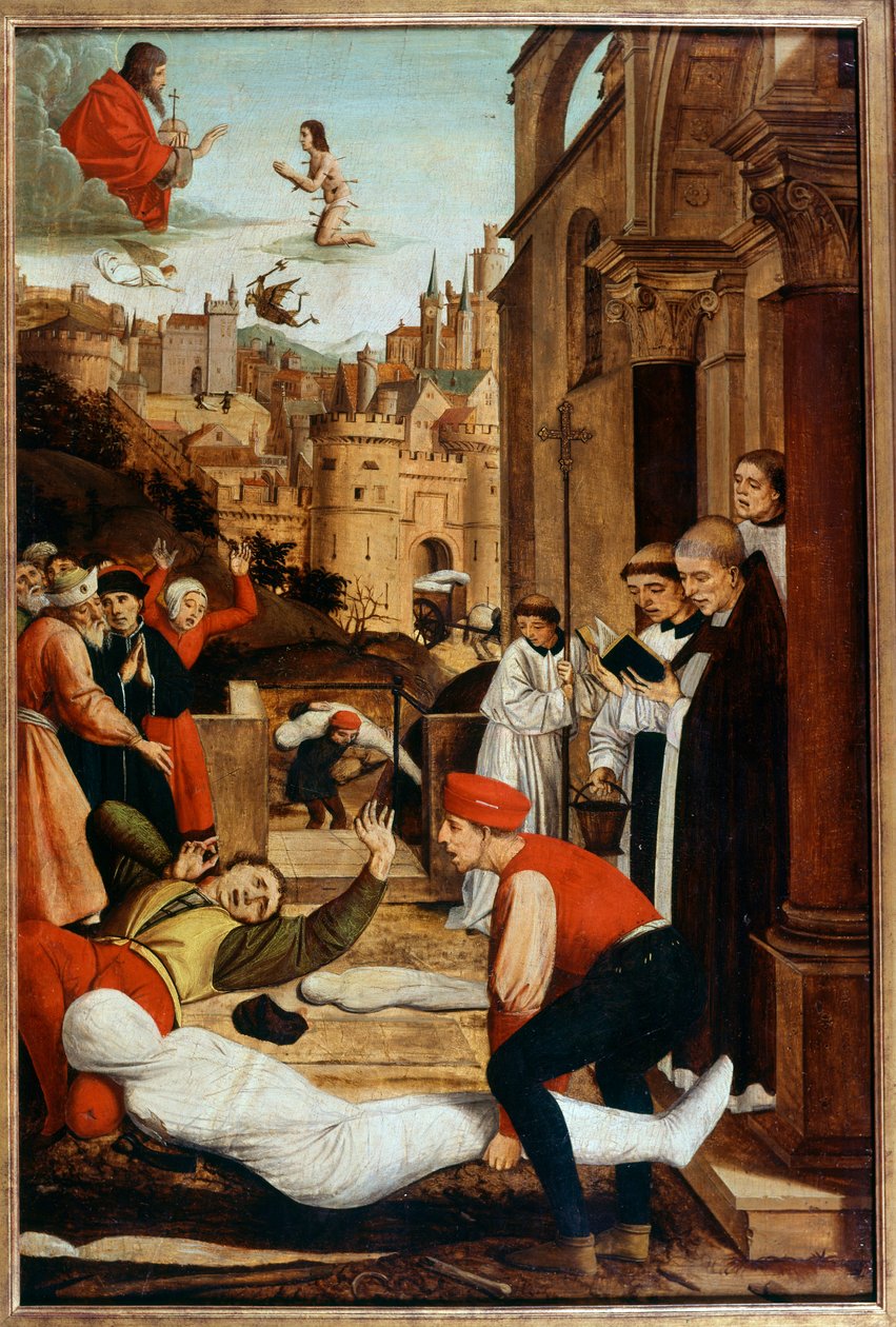 Svatý Francois se modlí během epidemie moru při pohřbívání mrtvých těl. Anonymní malování od Unknown artist